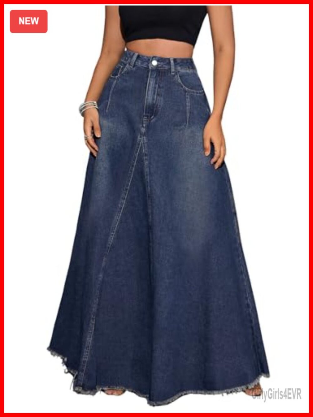 Retro Distressed High Waist Frayed Hem A Line Maxi Denim Skirt with Pockets